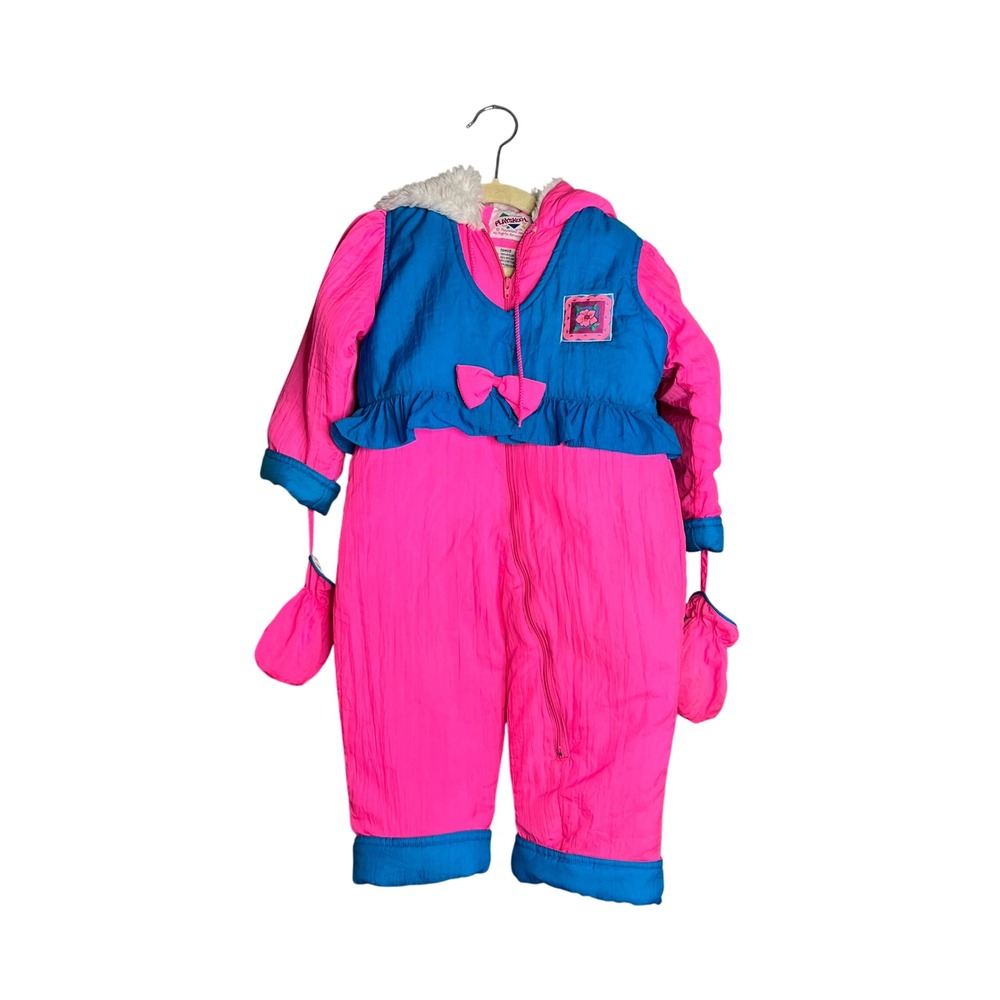 Playskool Vintage‎ 18M Snowsuit Pink Blue Winter Outfit One Piece Mittens